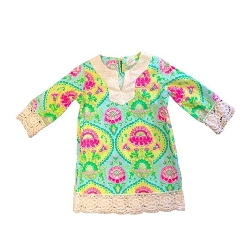 PEACHES AND CREAM BRIGHT PRINTED DRESS WITH LACE AND EMBROIDERY EXCELLENT COND!